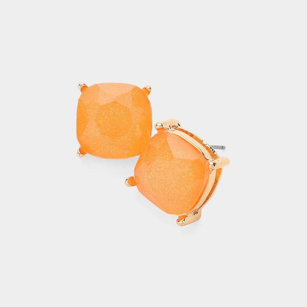 Small Neon Orange Glittered Cushion Square Stud Pageant Earrings  | Interview Earrings 