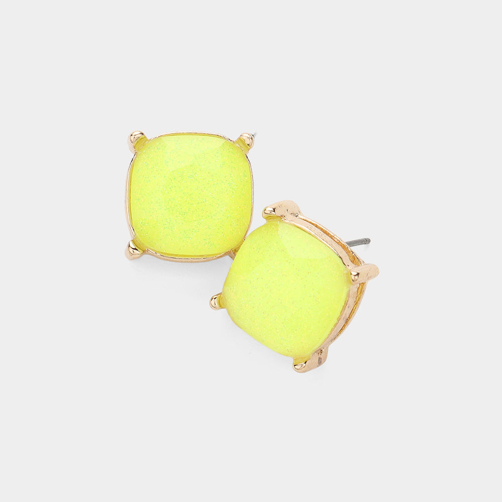 Small Neon Yellow Glittered Cushion Square Stud Pageant Earrings  | Interview Earrings