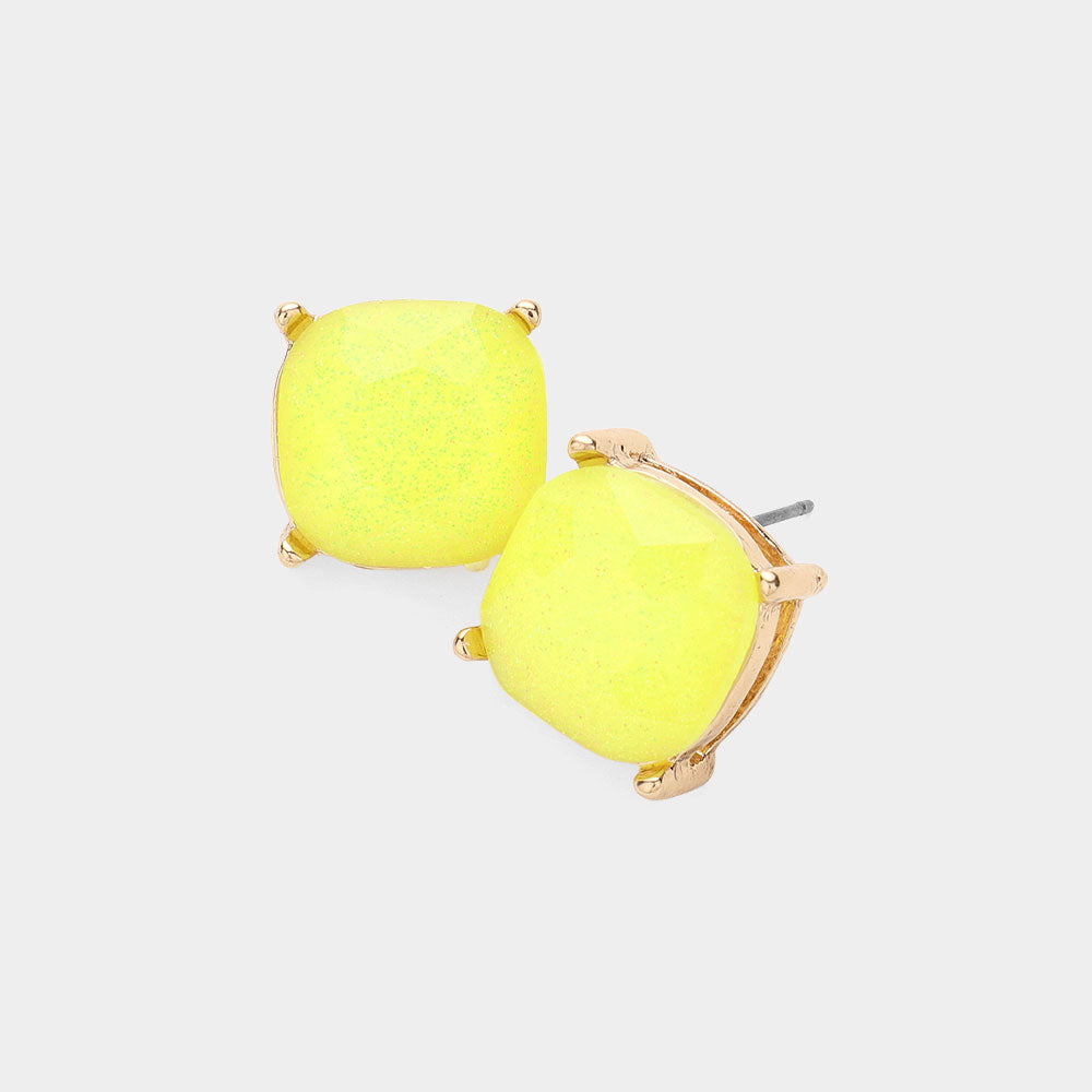 Small Yellow Glittered Cushion Square Stud Pageant Earrings  | Interview Earrings