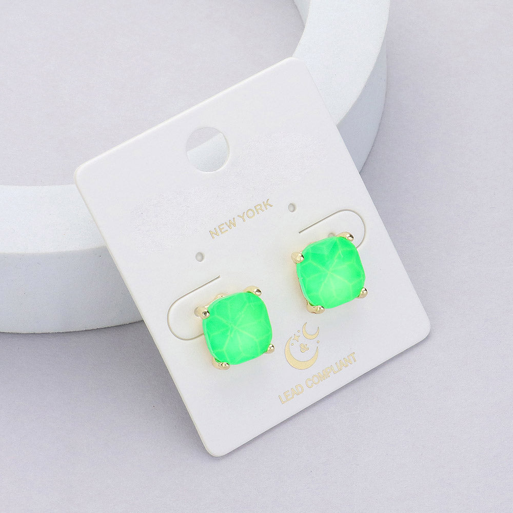 Small Neon Green Cushion Square Stud Pageant Earrings | Interview Earrings