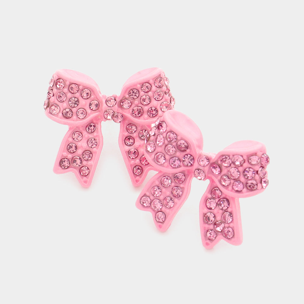 Pink Crystal Rhinestone Bow Stud Earrings