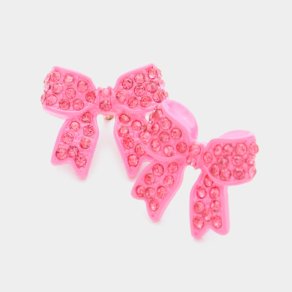 Neon Pink Crystal Rhinestone Bow Stud Earrings