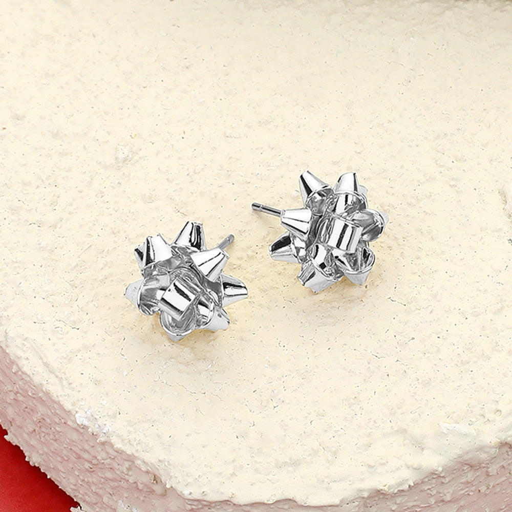 Silver Bow Stud Holiday Earrings | Silver Christmas Bow Earrings