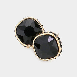 Rhinestone Trimmed Black Square Stone Stud Earrings | Interview Earrings