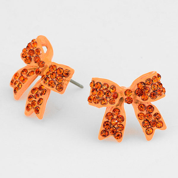 Orange Crystal Rhinestone Bow Stud Earrings