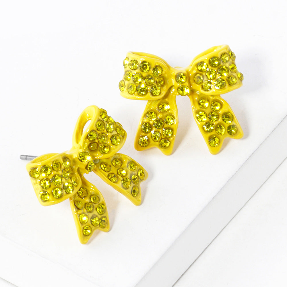 Yellow Crystal Rhinestone Bow Stud Earrings