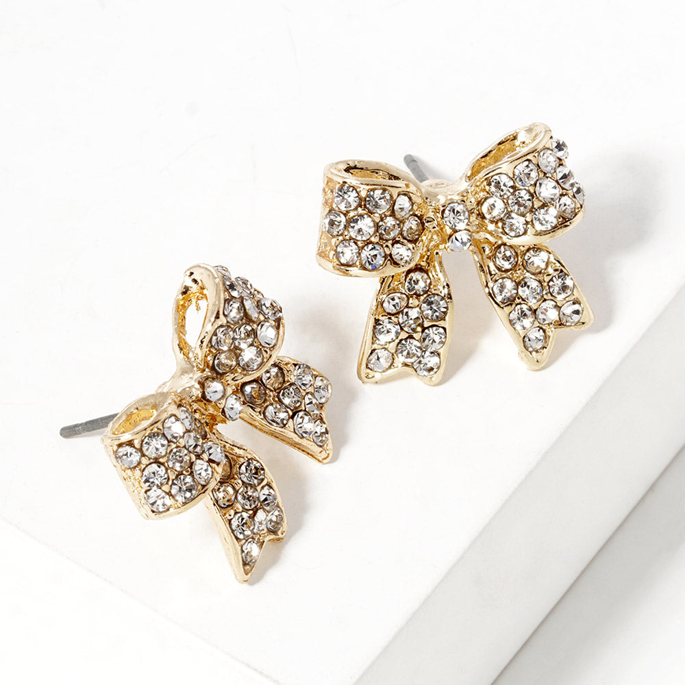 Crystal Cear on Gold Rhinestone Bow Stud Earrings