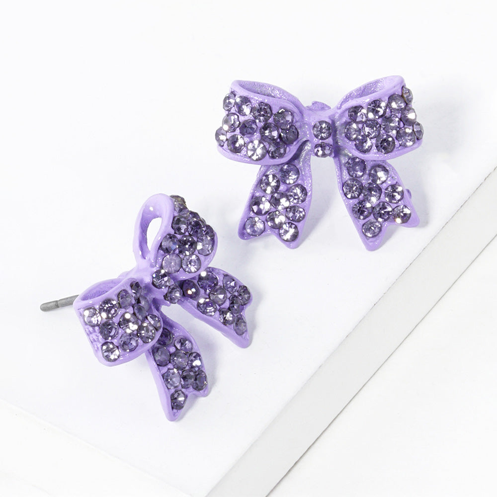 Purple Crystal Rhinestone Bow Stud Earrings