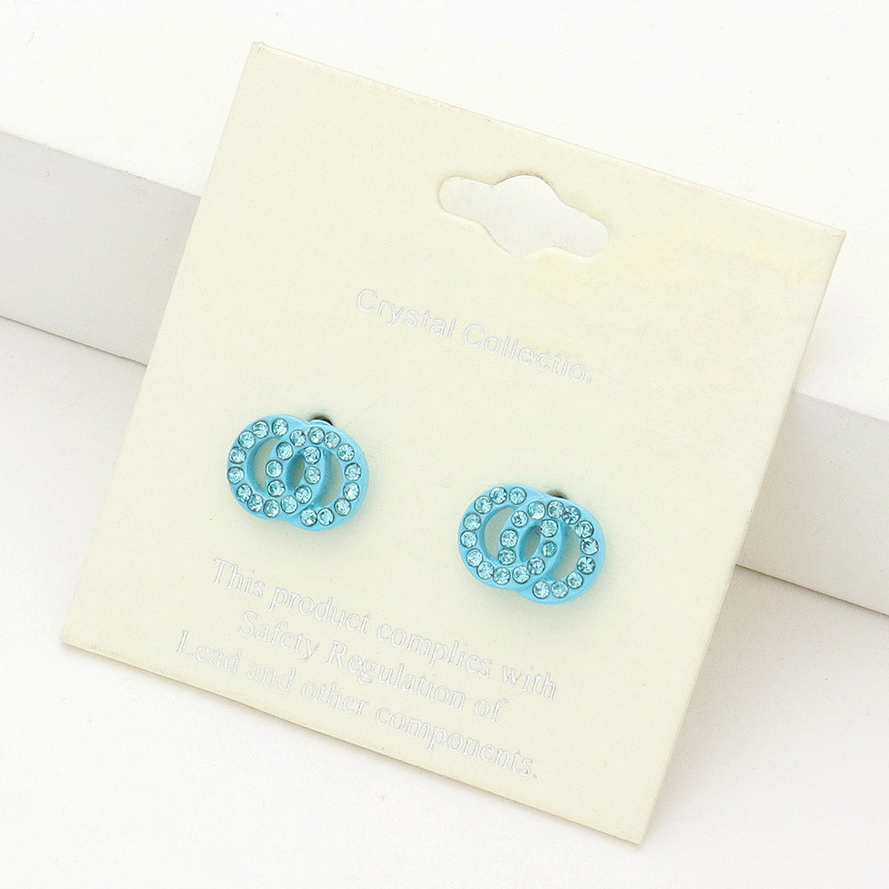 Small Aqua Rhinestone Double Open Circle Link Stud Pageant Earrings | Earrings for Little Girls