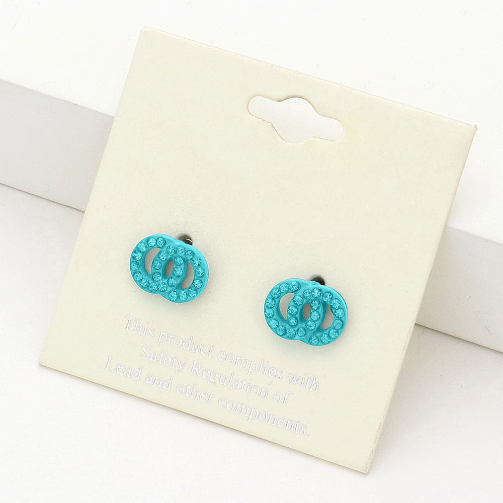 Small Teal Rhinestone Double Open Circle Link Stud Pageant Earrings | Earrings for Little Girls