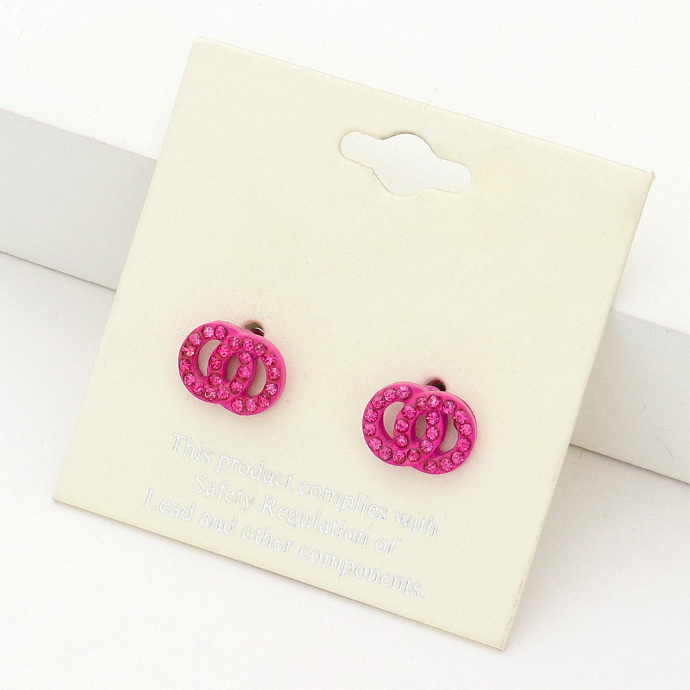 Small Fuchsia Rhinestone Double Open Circle Link Stud Pageant Earrings | Earrings for Little Girls 