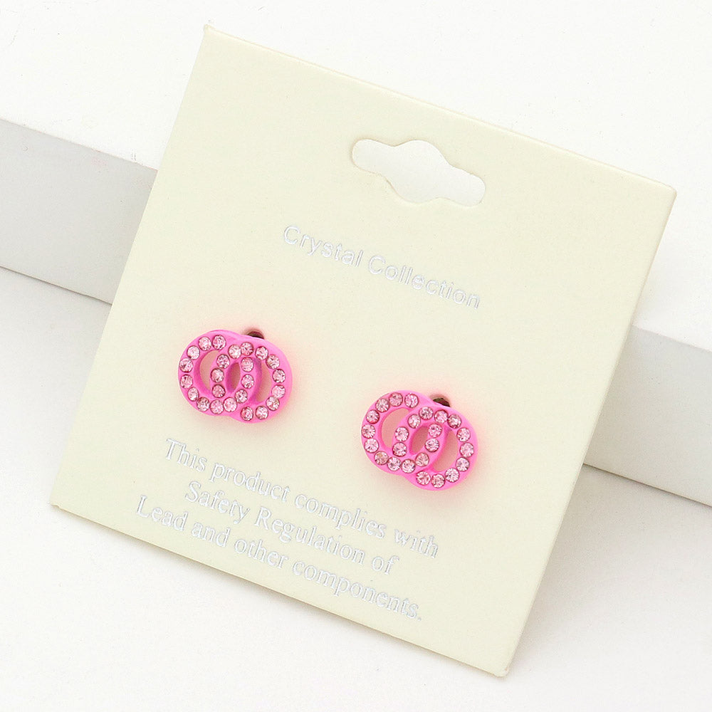 Small Pink Rhinestone Double Open Circle Link Stud Pageant Earrings | Earrings for Little Girls