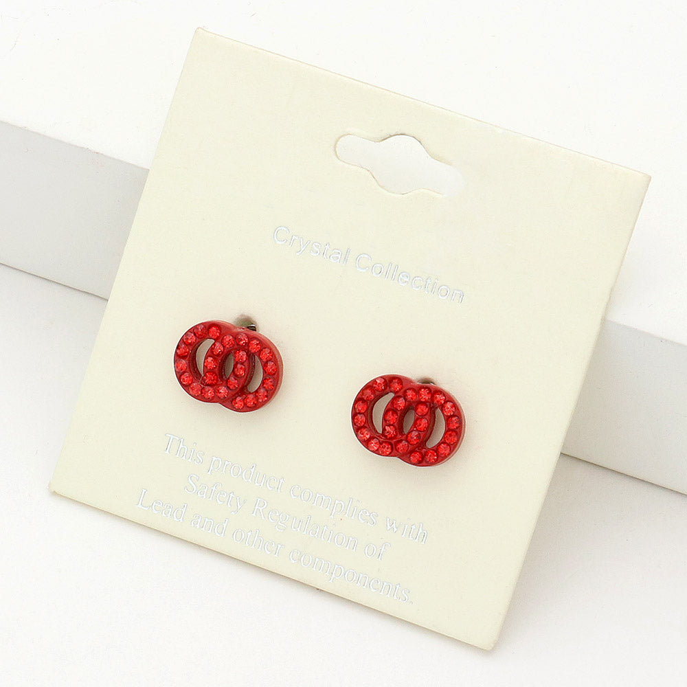 Small Red Rhinestone Double Open Circle Link Stud Pageant Earrings | Earrings for Little Girls