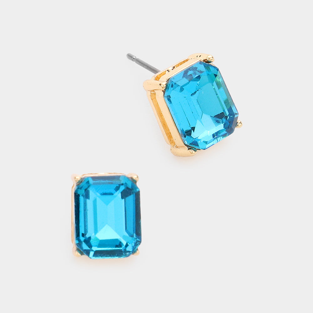 Emerald Cut Aqua Stone Stud Pageant Earrings | Interview Earrings