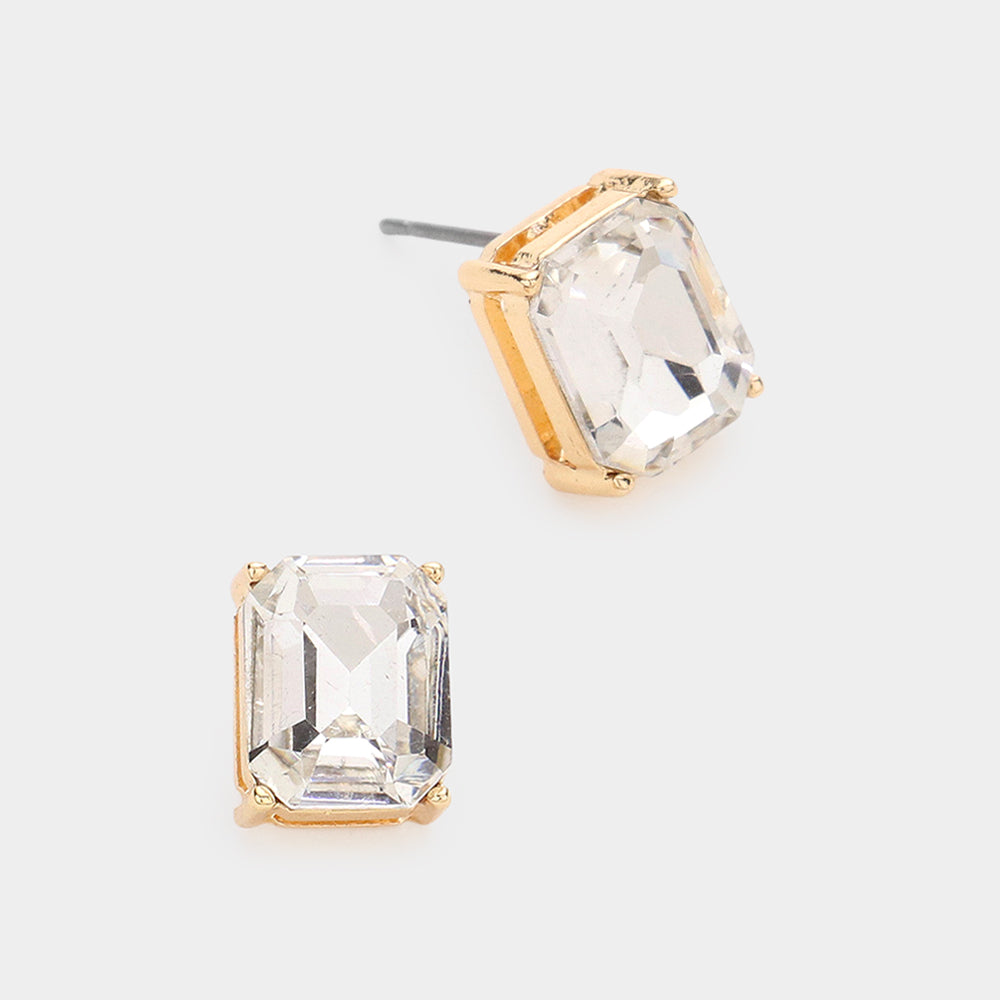 Emerald Cut Clear Stone Stud Pageant Earrings on Gold | Interview Earrings