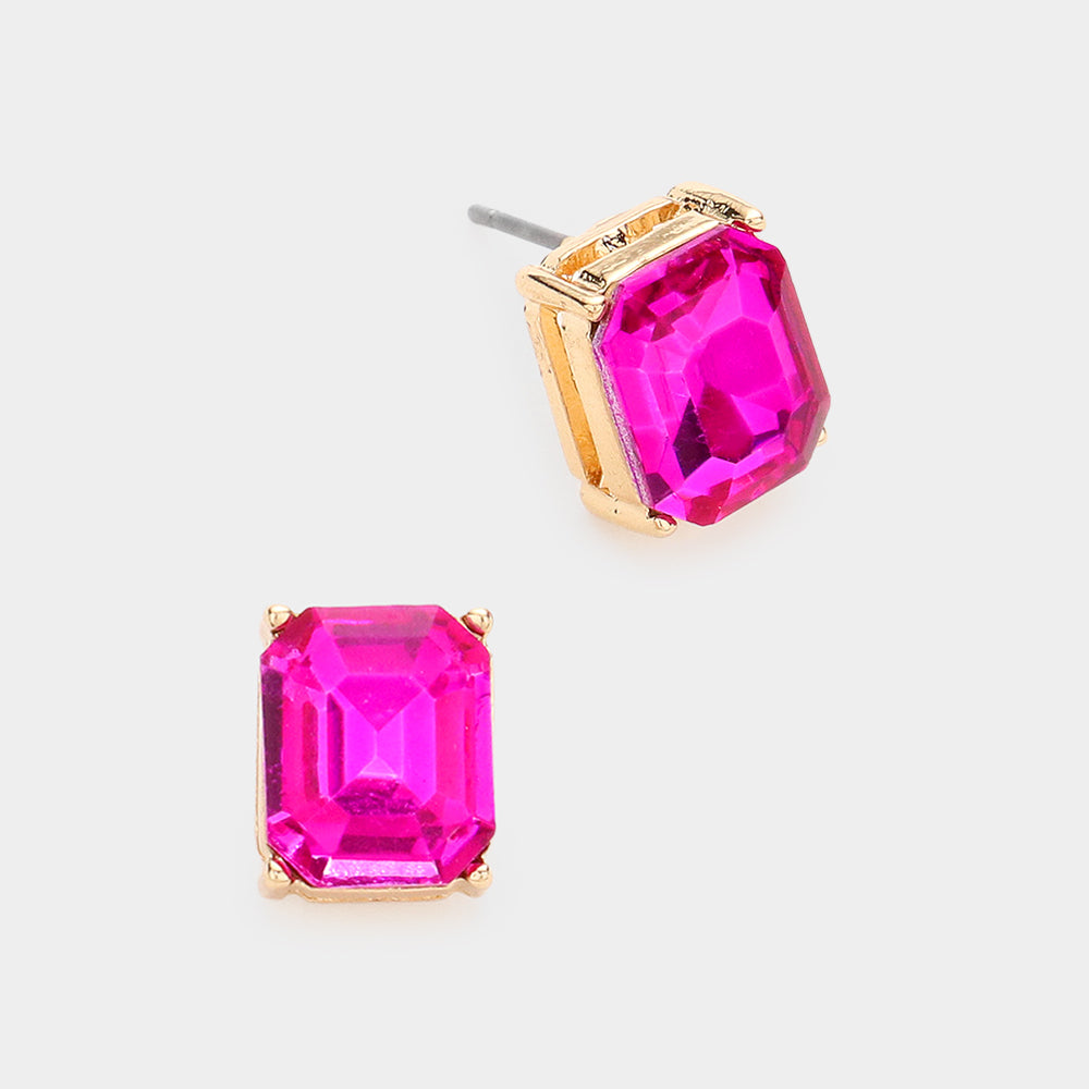 Emerald Cut Fuchsia Stone Stud Pageant Earrings | Interview Earrings