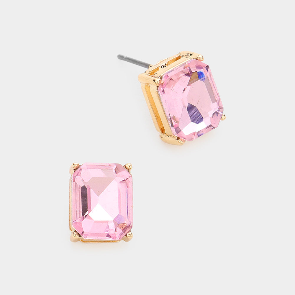 Emerald Cut Pink Stone Stud Pageant Earrings  | Interview Earrings