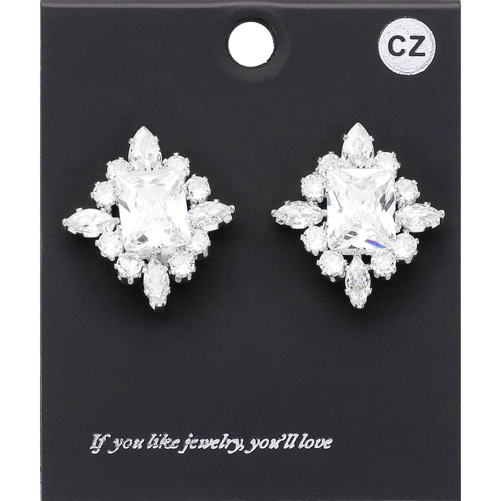 Clear CZ Rectangle Stone Surrounded by Clear Stones Stud Earrings | Interview Earrings