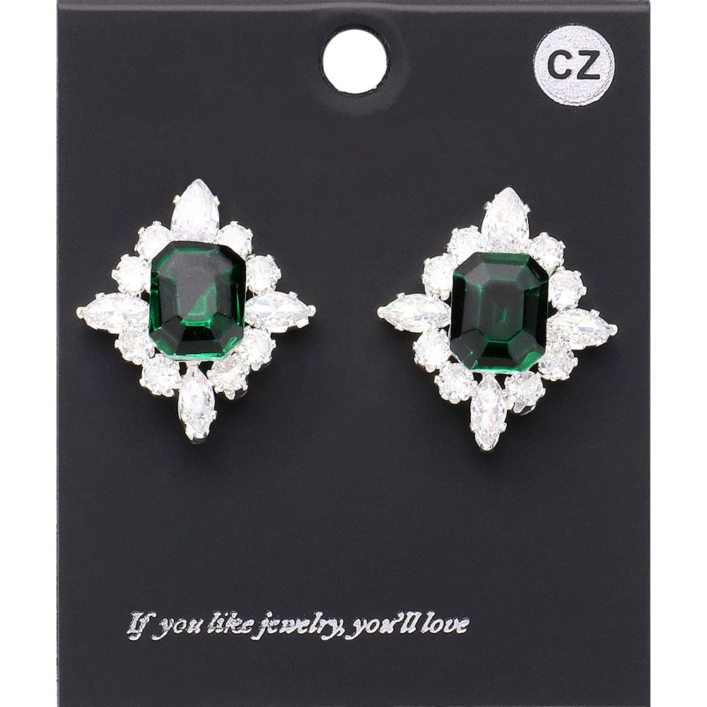 Emerald CZ Rectangle Stone Surrounded by Clear Stones Stud Earrings | Interview Earrings