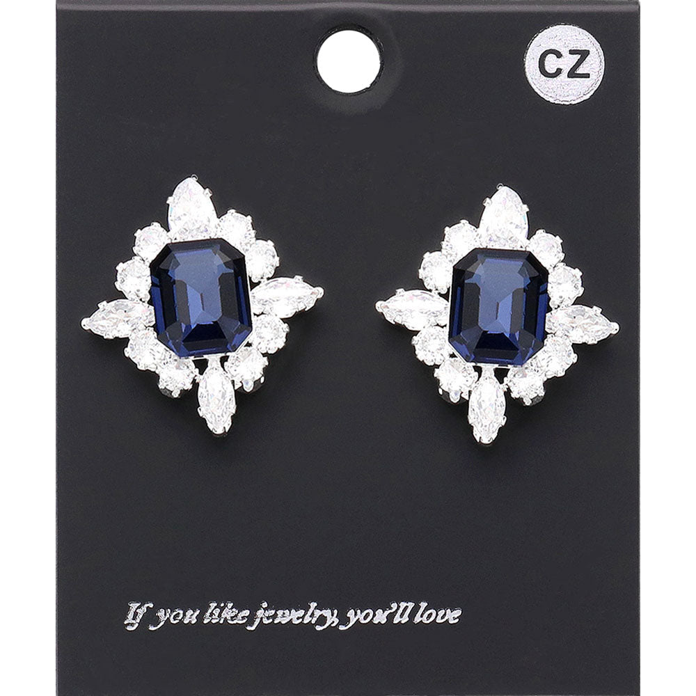 Navy CZ Rectangle Stone Surrounded by Clear Stones Stud Earrings | Interview Earrings