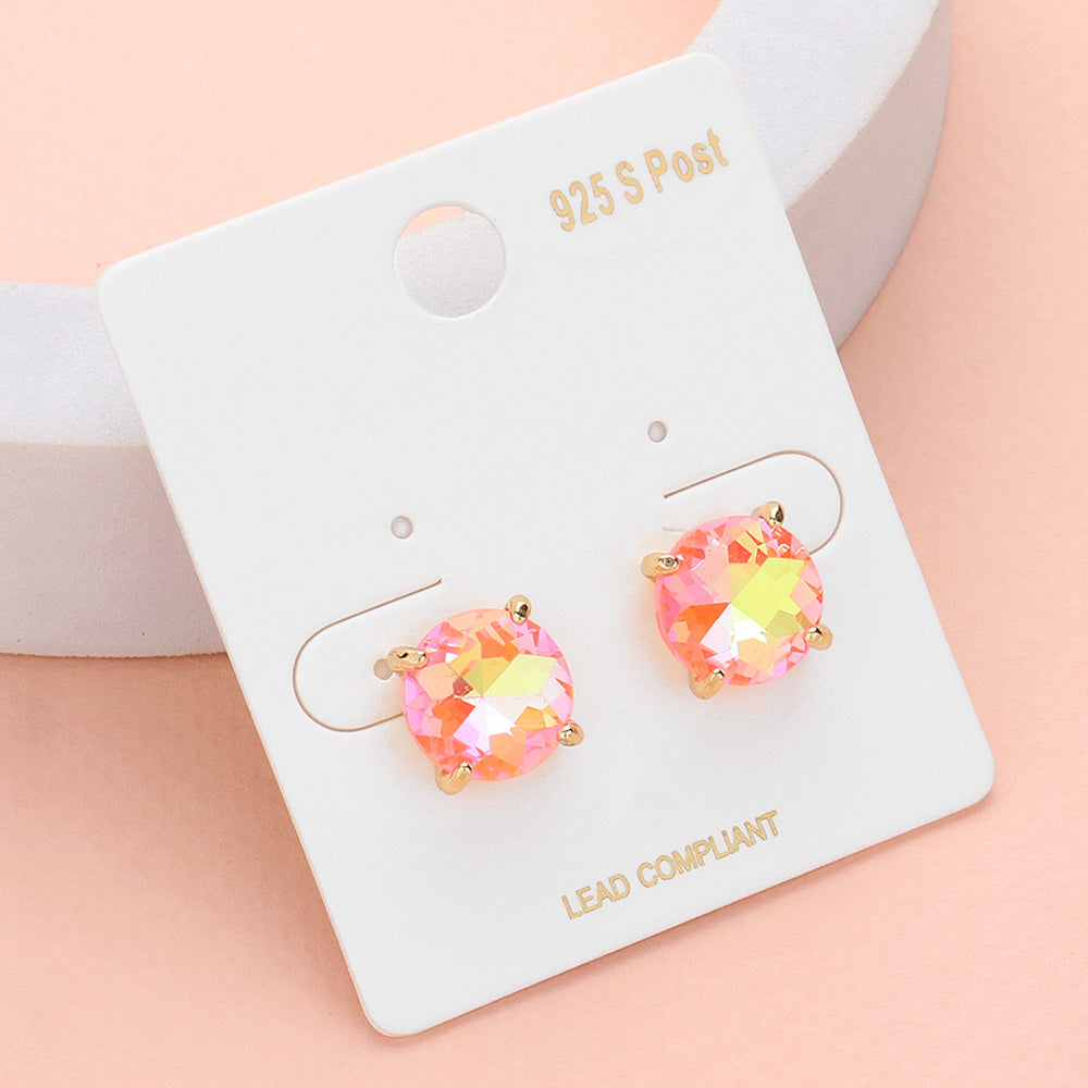 Neon Coral AB Round Stone Interview Stud Earrings | Neon Coral AB Stud Earrings