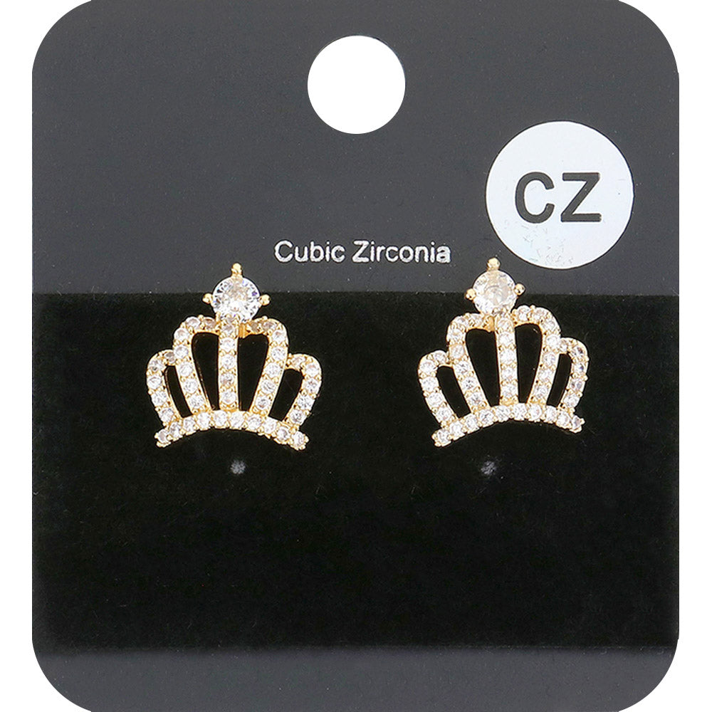 CZ Crown Stud Earrings on Gold