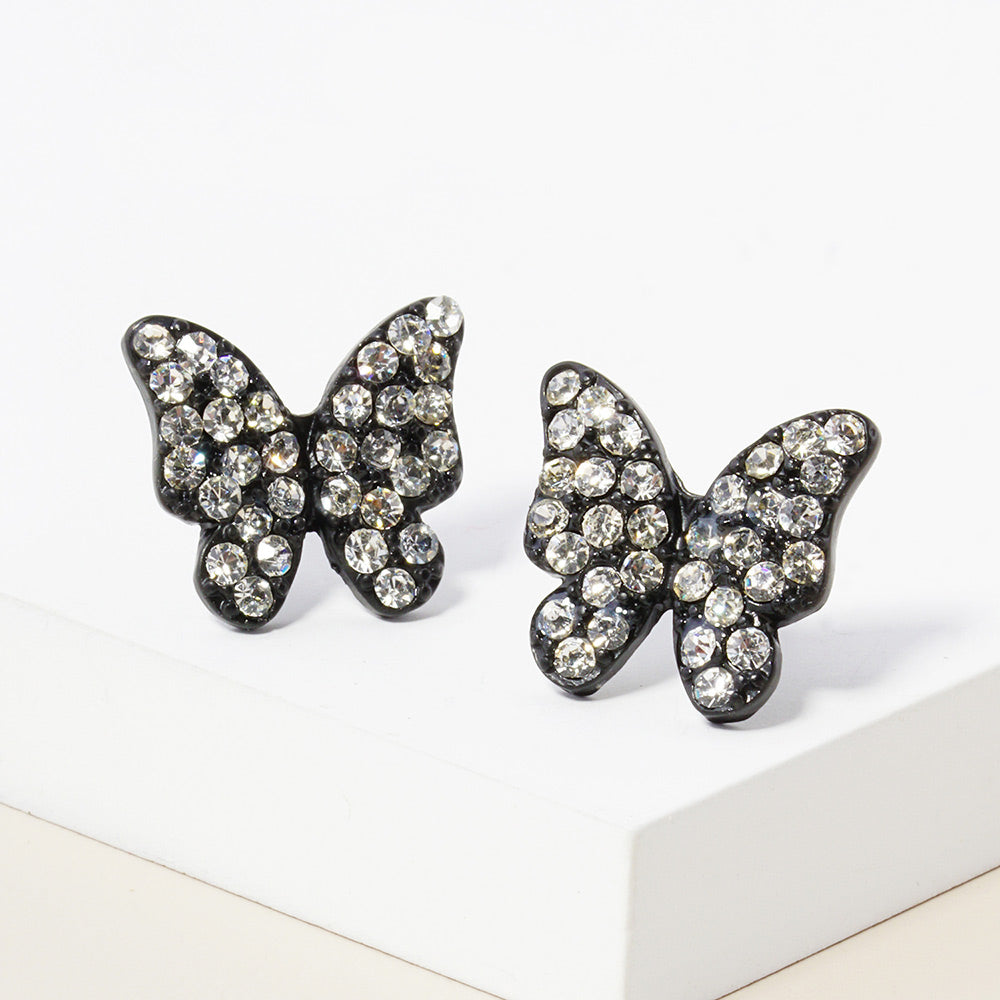 Small Black Rhinestone Butterfly Stud Pageant Earrings | Crystal Earrings for Little Girls 