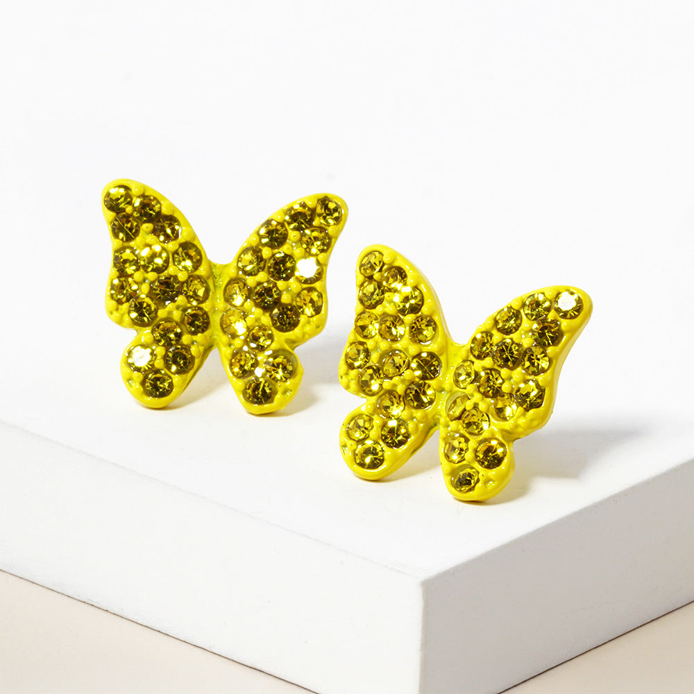 Small Yellow Rhinestone Butterfly Stud Pageant Earrings | Crystal Earrings for Little Girls