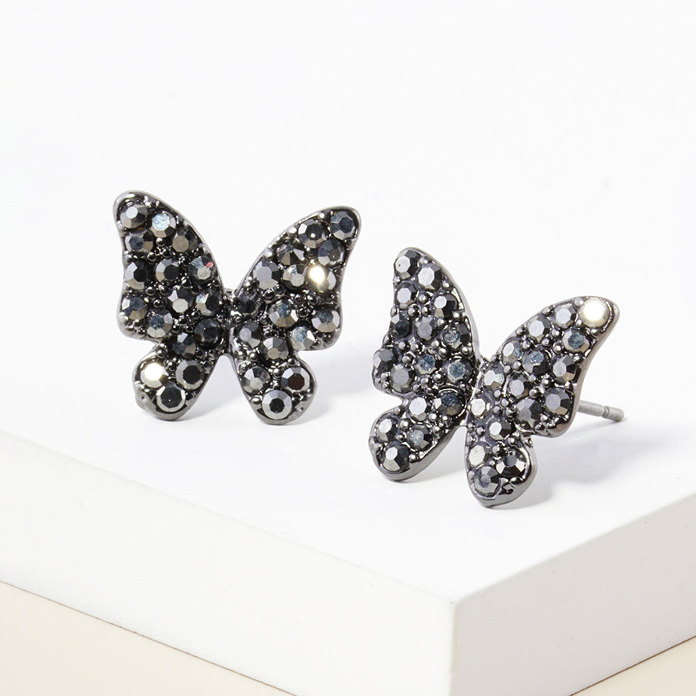 Small Hematite Rhinestone Butterfly Stud Pageant Earrings | Crystal Earrings for Little Girls