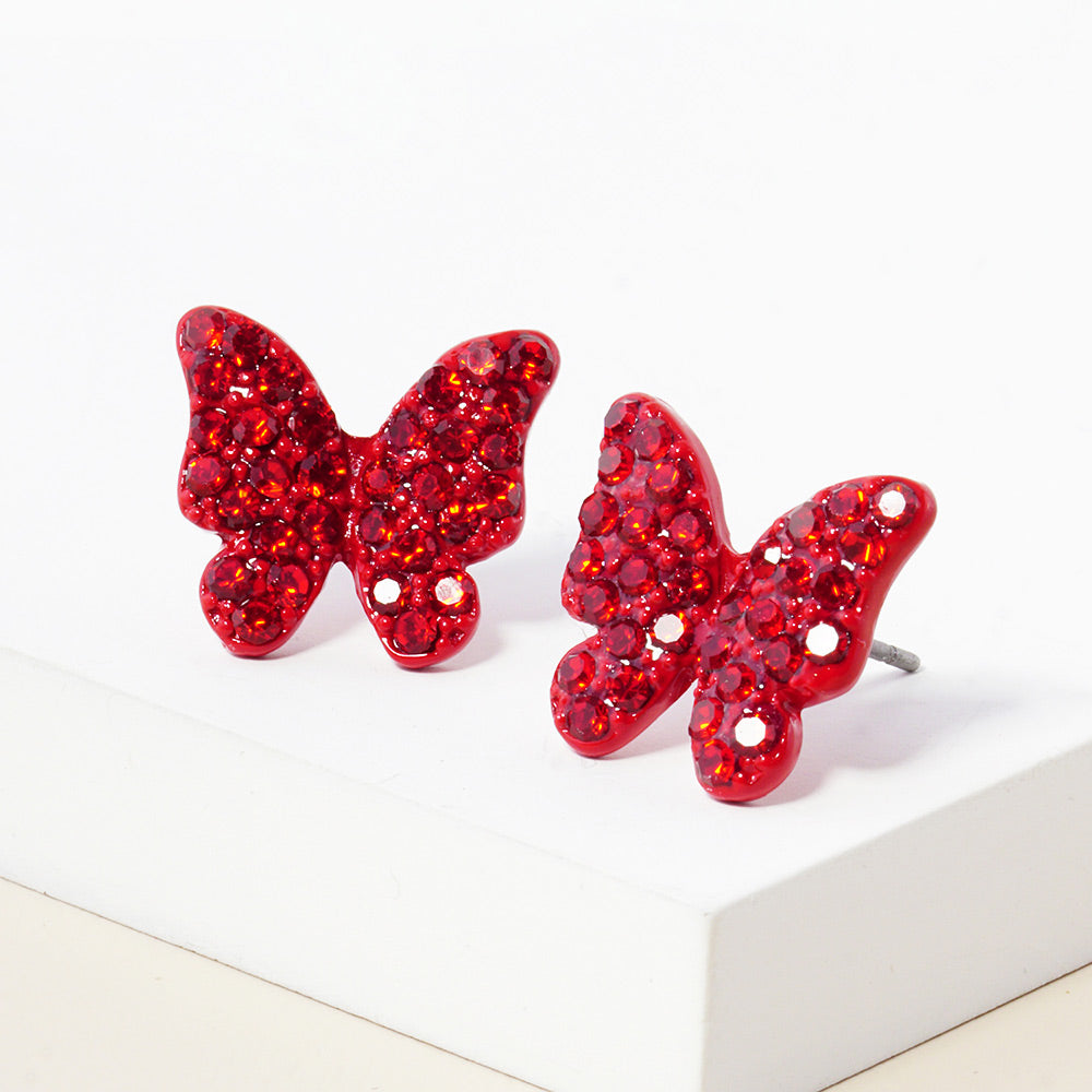 Small Red Rhinestone Butterfly Stud Pageant Earrings | Crystal Earrings for Little Girls