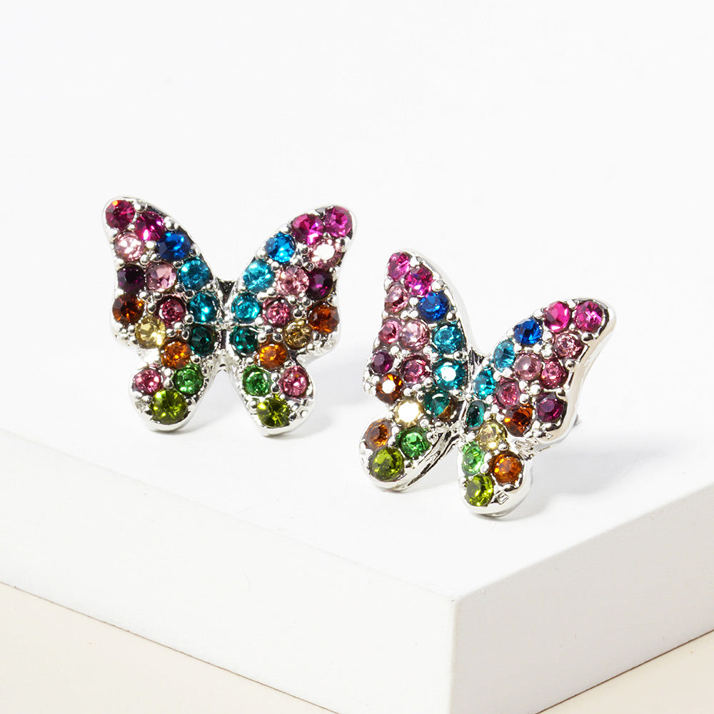 Small Multi-Color Rhinestone Butterfly Stud Pageant Earrings | Crystal Earrings for Little Girls