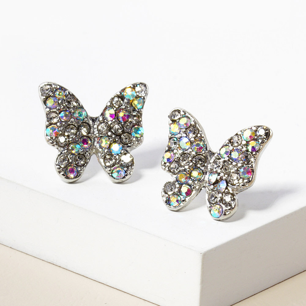 Small AB Rhinestone Butterfly Stud Pageant Earrings on Silver | Crystal Earrings for Little Girls