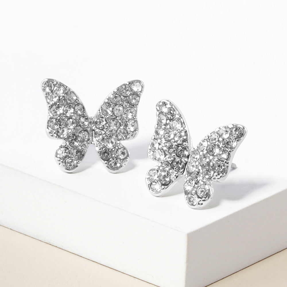 Small Clear Rhinestone Butterfly Stud Pageant Earrings on Silver| Crystal Earrings for Little Girls