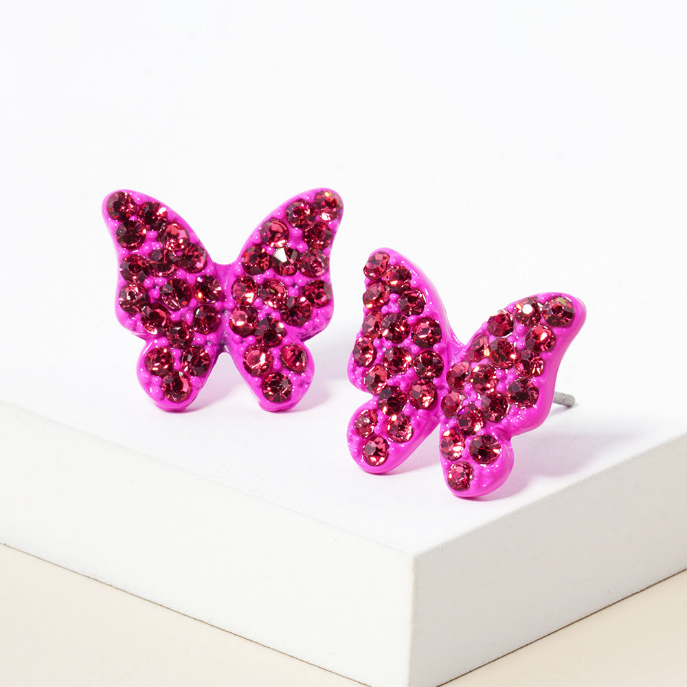 Small Fuchsia Rhinestone Butterfly Stud Pageant Earrings | Crystal Earrings for Little Girls