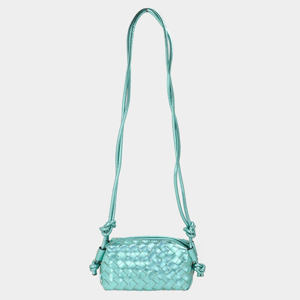 Mint Metallic Weaved Crossbody Bag view with straps extended