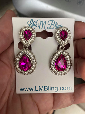 Little Girls Double Fuchsia Crystal Teardrop Clip On Pageant Earrings