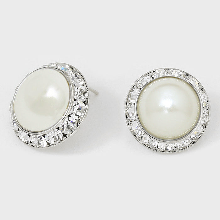 Austrian Crystal Pearl Round Stud Earrings | 0.8" | 313242