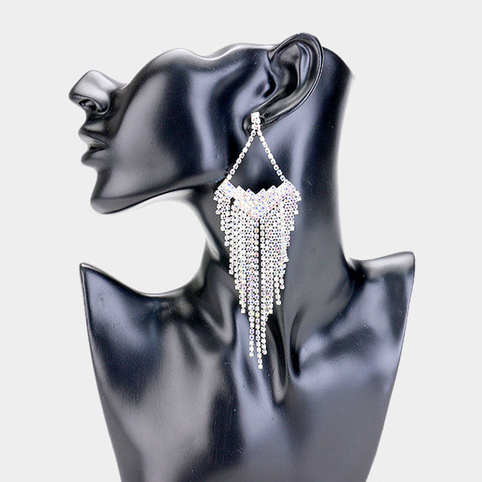 Large AB Rhinestone Statement Pageant Fringe Earrings | 407533