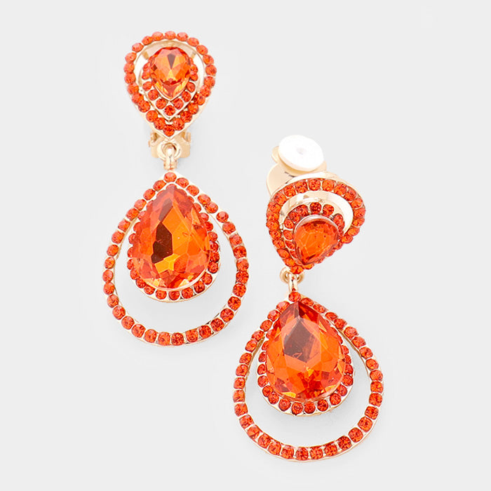 Orange Crystal Double Surround Clip On Earrings