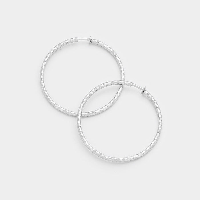 Hypoallergenic Textured Silver Metal Clip Hoop Earrings 