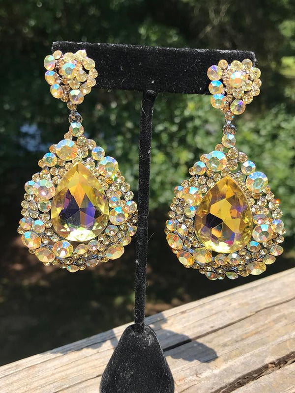 Large AB Crystal Rhinestone Statement Pageant Earrings | 486791