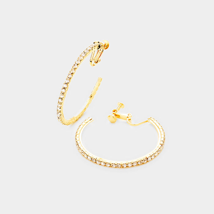 Small Clear Crystal Clip On Hoop Earrings on Gold