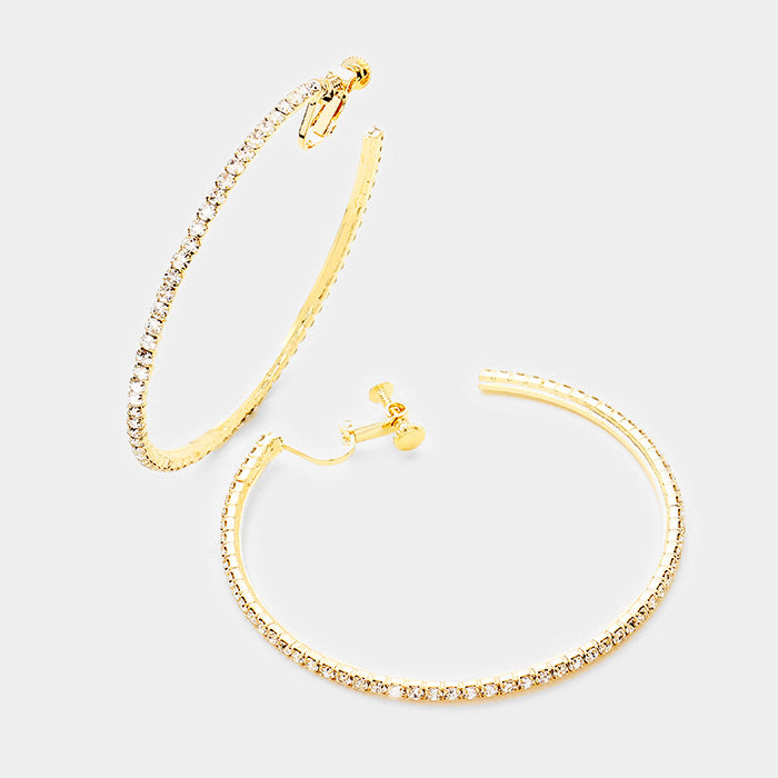 Oversized Clip On Crystal Rhinestone Hoop Earrings on Gold  | 3.25"