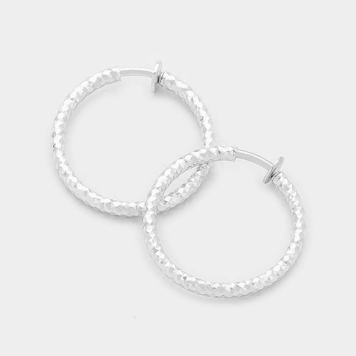 Silver Textured Clip on Hoop Earrings | 1.25"