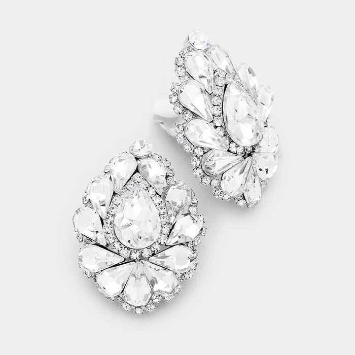 Clear Crystal Cluster Teardrop Clip on Earrings