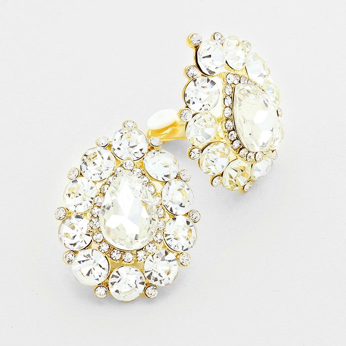 Large Clear Crystal Teardrop Stud Clip On Earrings on Gold