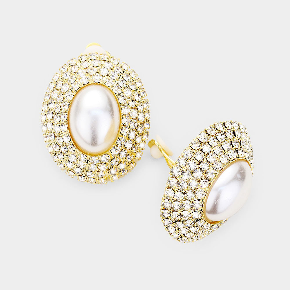 Cream Pearl and Rhinestone Dome Clip On Stud Earrings on gold