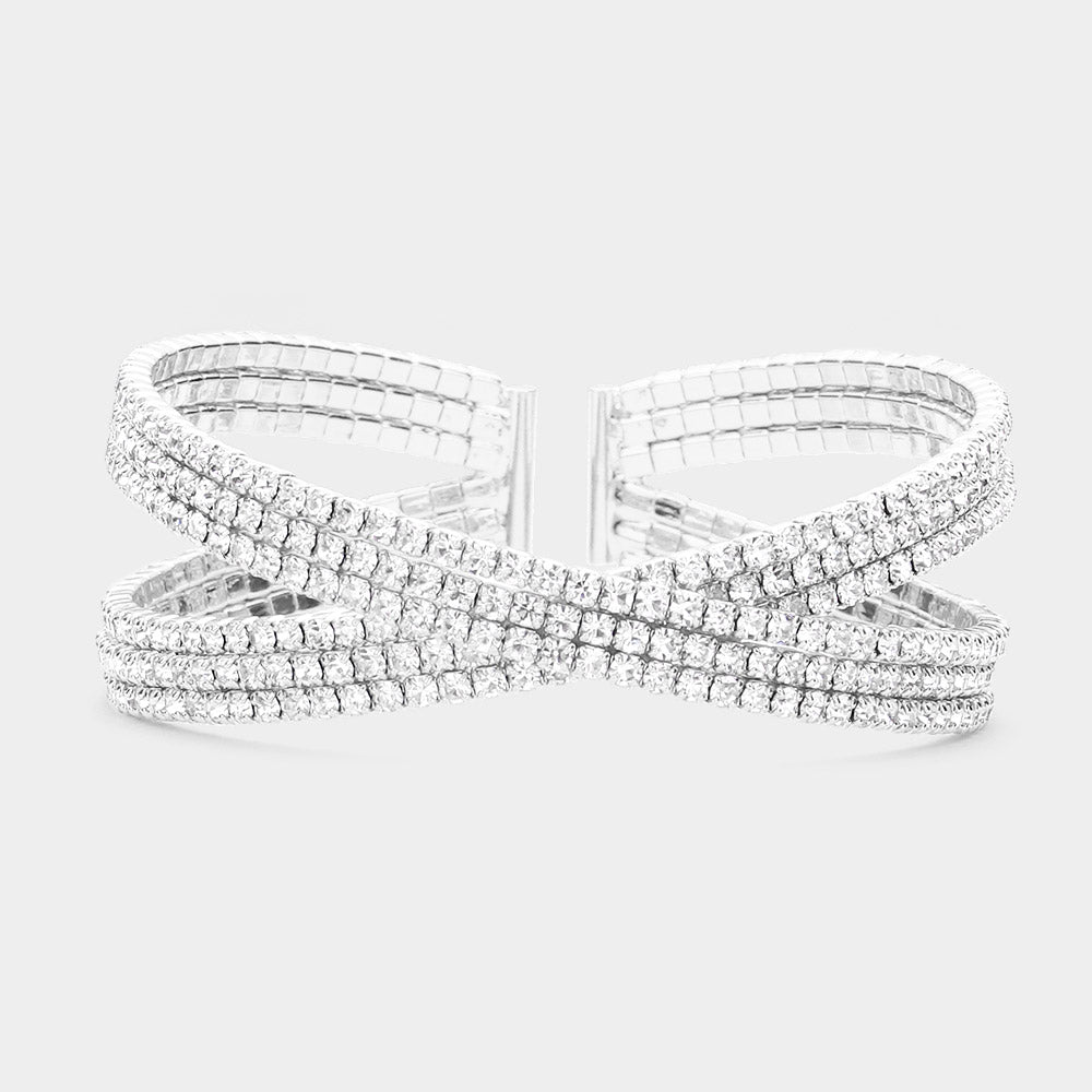 Clear Rhinestone Embellished Crisscross Cuff Pageant Bracelet | Cuff Prom Bracelet