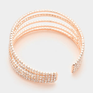 Five Row Clear Crystal Rhinestone Cuff Bracelet on Rose Gold  | 371192