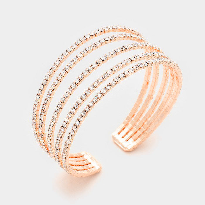 Five Row Clear Crystal Rhinestone Cuff Bracelet on Rose Gold  | 371192